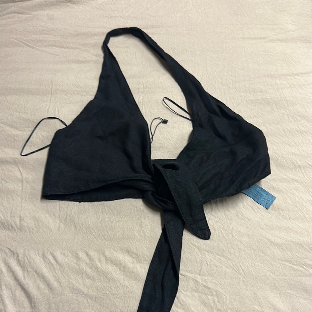 Navy Blue Plunge Tie Front Tank Top